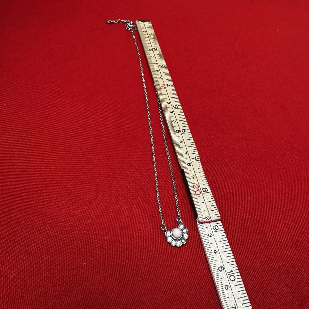 Silver Tone Necklace‎ With Pink Stone And Crystals